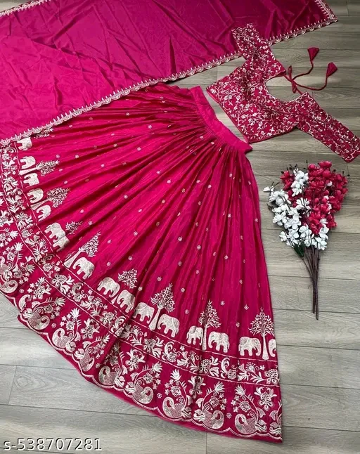 New Design Chinon Silk Heavy Embroidery Work Lehenga Choli for Women # - Image 3