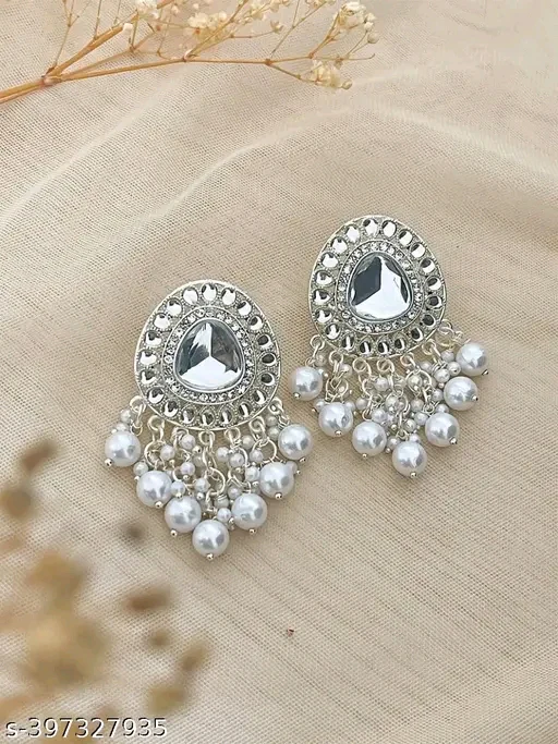 New Gold-Plated Oversized Stud Earrings with Pearl Stones for Women | Alloy-Based Non-Adjustable Studs - Image 2