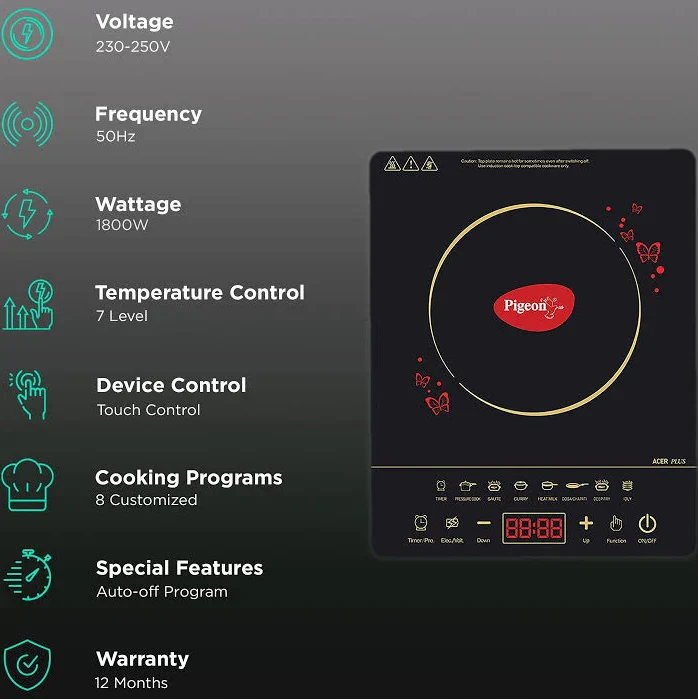 Pigeon Acer Plus 1800W Induction Cooktop with Touch Control & 8 Cooking Programs # - Image 5