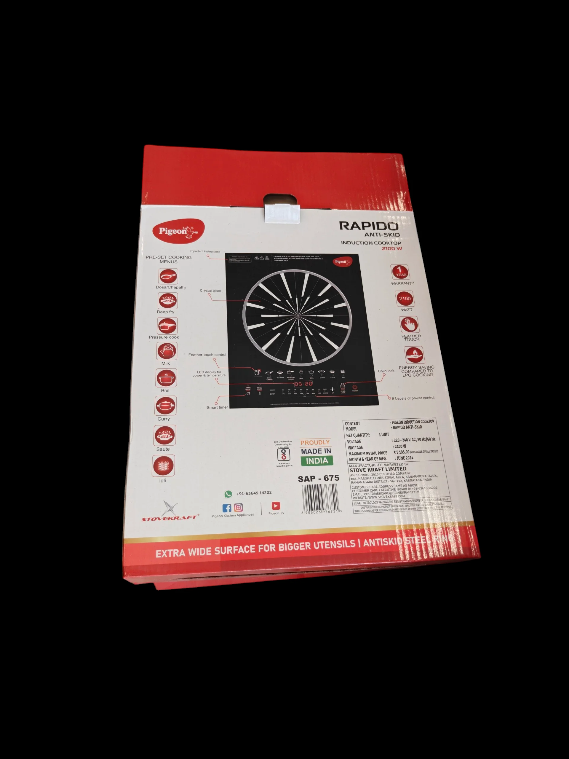 Pigeon Rapido Anti-Skid Induction Cooktop – 2100W High Power | 8 Preset Menus | Feather Touch Control | Energy Saving Cooker - Image 4