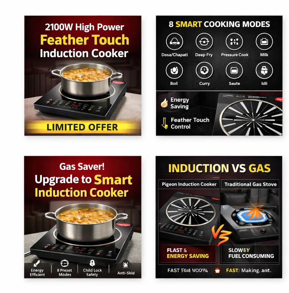 Pigeon Rapido Anti-Skid Induction Cooktop – 2100W High Power | 8 Preset Menus | Feather Touch Control | Energy Saving Cooker - Image 8