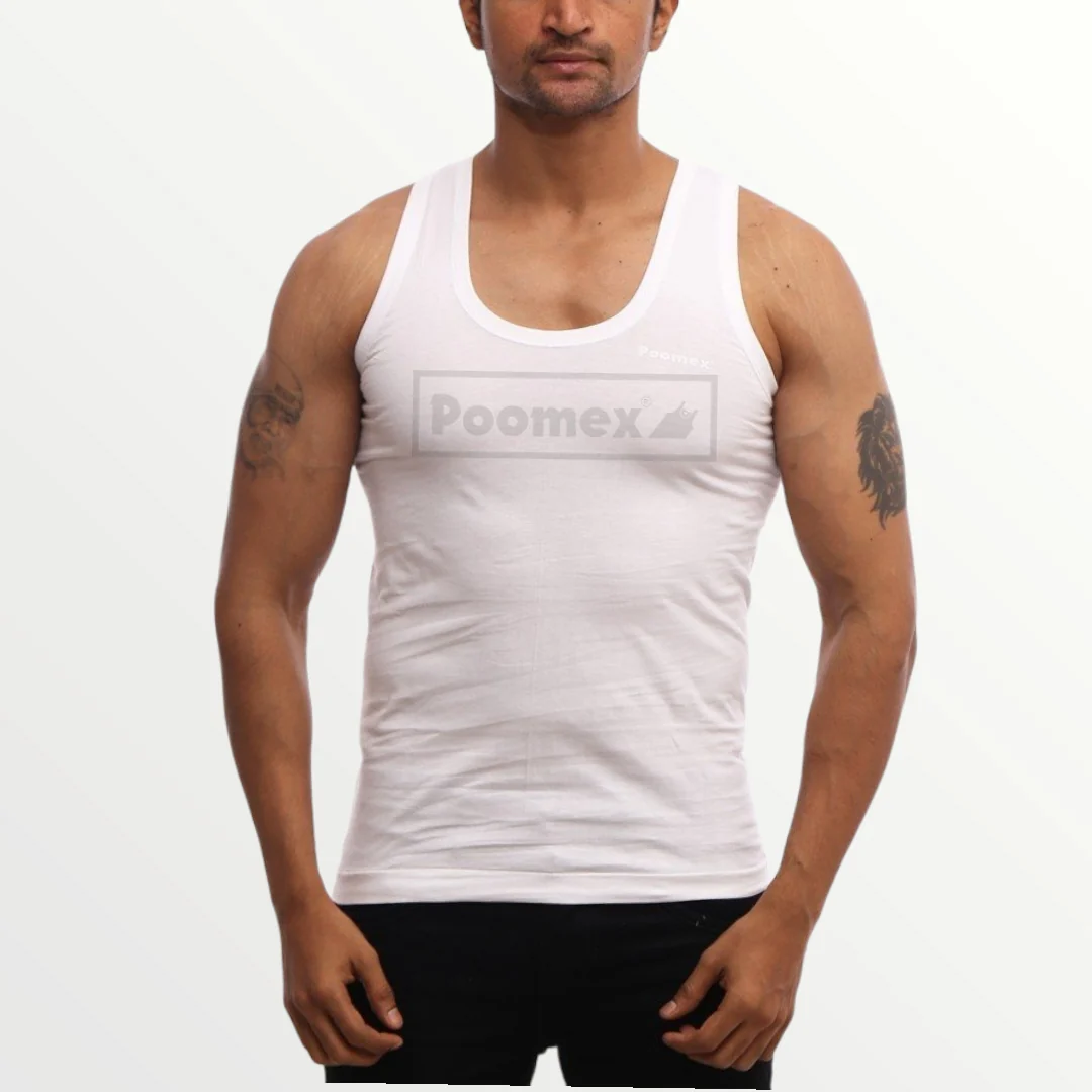 Poomex Men’s White Premium Cotton Vest – Half Sleeve & Sleeveless Options# - Image 3