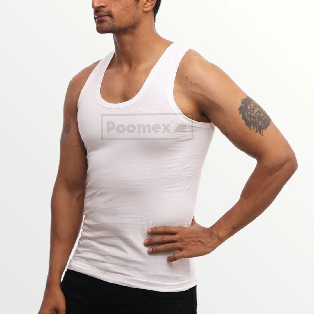 Poomex Men’s White Premium Cotton Vest – Half Sleeve & Sleeveless Options# - Image 5