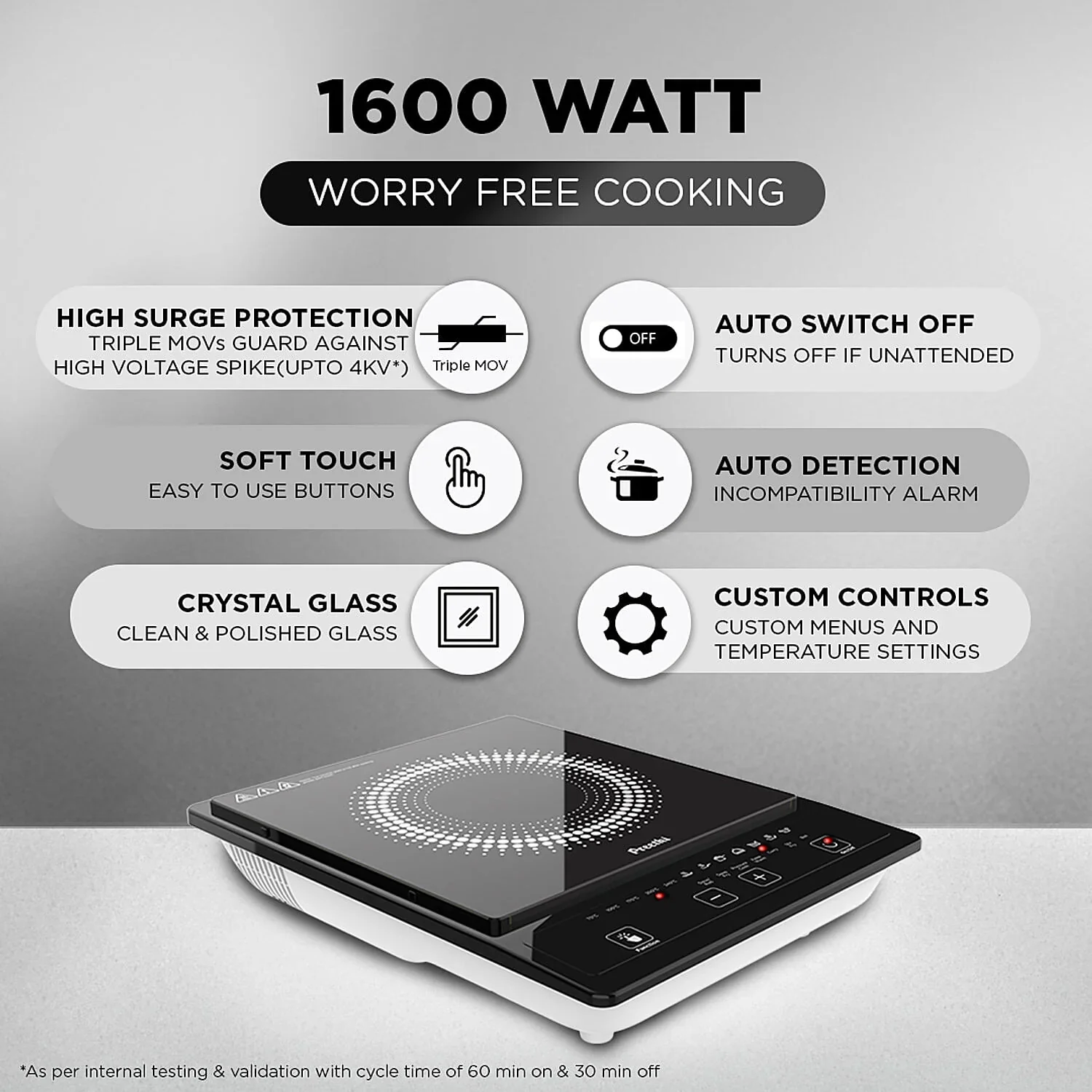 Preethi Indicook IC123 1600W Induction Cooktop with Soft Touch Controls & Crystal Glass Top # - Image 5