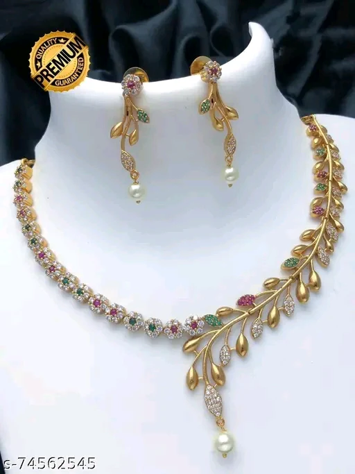 Premium Quality CZ Matte Finish AD Stone Necklace & Earrings Set - Gold Plated for Women