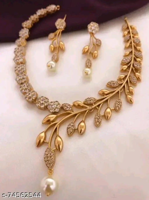 Premium Quality CZ Matte Finish AD Stone Necklace with Earrings - Gold Plated Brass - Image 2