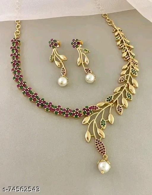 Premium Quality CZ Matte Finish AD Stone Necklace with Earrings - Gold Plated for Women &amp; Girls - Image 3