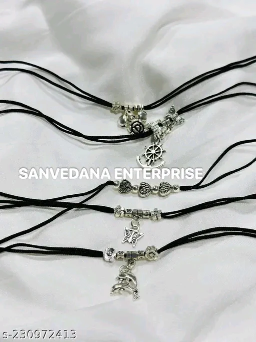 PrishiL Premium Adjustable Black Thread Oxidised Silver Anklets (Pack of 5) - Image 2