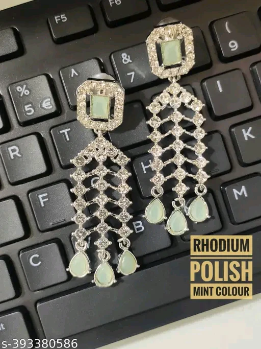 Mint Green Rhodium Plated Jewelry Set with Cubic Zirconia – Necklace & Earrings - Image 2