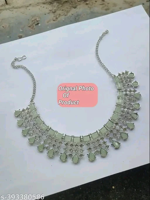 Mint Green Rhodium Plated Jewelry Set with Cubic Zirconia – Necklace & Earrings - Image 3