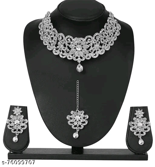 Shimmering Fusion Silver Plated Jewellery Set with Cubic Zirconia - Adjustable Choker & Earrings - Image 2