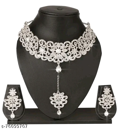 Shimmering Fusion Silver Plated Jewellery Set with Cubic Zirconia - Adjustable Choker & Earrings - Image 3
