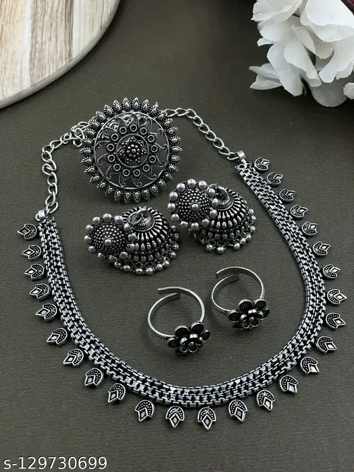 Shimmering Oxidised Silver Jewellery Set – Elegant Necklace, Earrings & Ring - Image 2