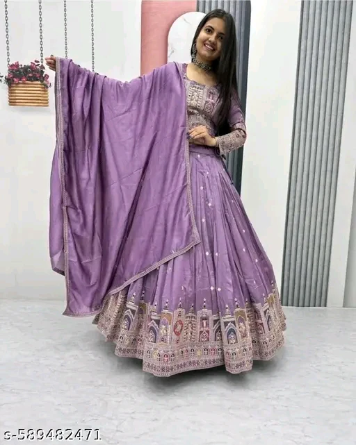 Silk Embroidered Semi-Stitched Lehenga with Unstitched Blouse & Dupatta # - Image 2