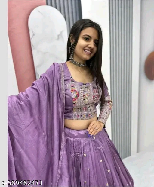 Silk Embroidered Semi-Stitched Lehenga with Unstitched Blouse & Dupatta # - Image 3