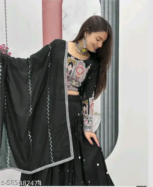 Silk Embroidered Semi-Stitched Lehenga with Unstitched Blouse & Dupatta # - Image 2