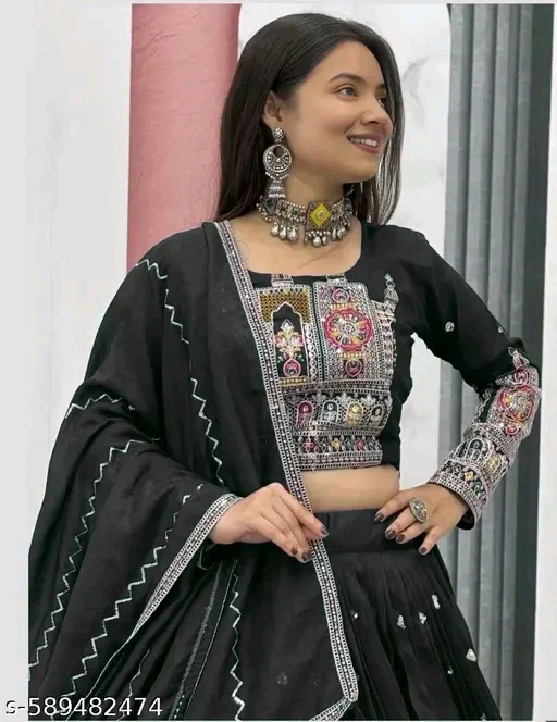 Silk Embroidered Semi-Stitched Lehenga with Unstitched Blouse & Dupatta # - Image 3