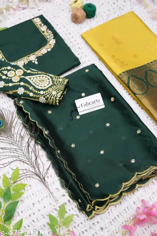 South Indian Style Half Saree with Embroidered Blouse & Rangoli Dupatta Set # - Image 3
