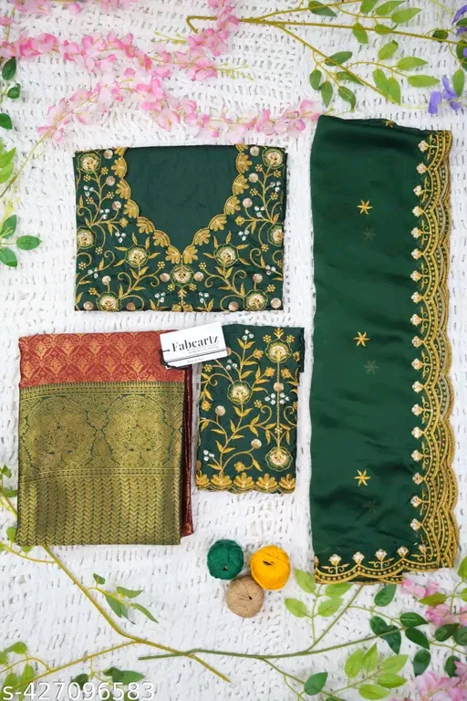 South Indian Style Litchi Silk Half Saree with Embroidered Blouse & Tapeta Dupatta # - Image 2