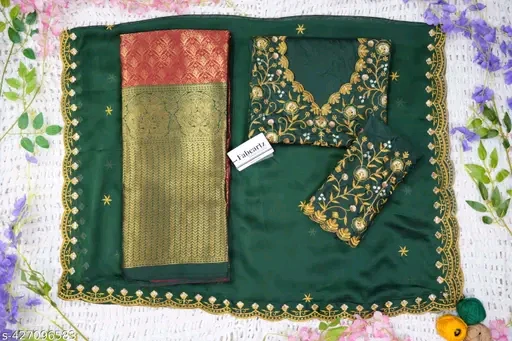 South Indian Style Litchi Silk Half Saree with Embroidered Blouse & Tapeta Dupatta # - Image 4