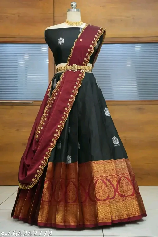 South Indian Litchi Silk Half Saree with Embroidered Blouse & Rangoli Dupatta #