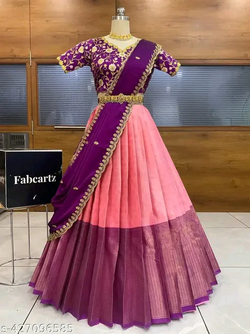 South Indian Style Litchi Silk Half Saree Lehenga with Embroidered Choli & Dupatta #