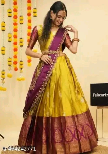 Trending South Indian Litchi Silk Half Saree with Blouse & Rangoli Dupatta # - Image 2