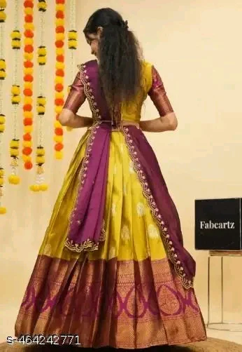 Trending South Indian Litchi Silk Half Saree with Blouse & Rangoli Dupatta # - Image 4