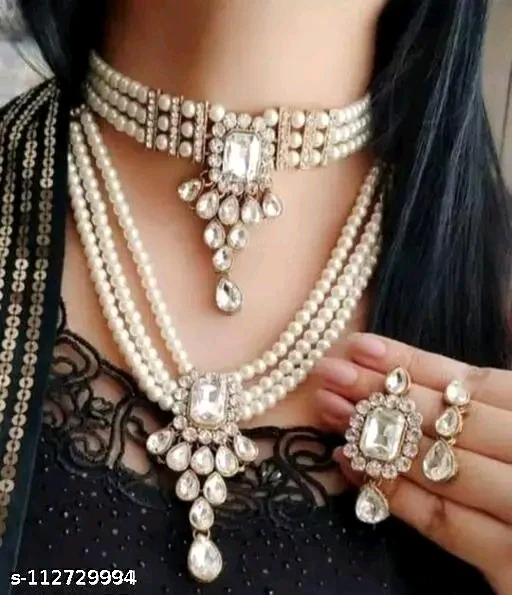 Squire white Combo Set – Adjustable Necklace & Earrings by ZESTYLO