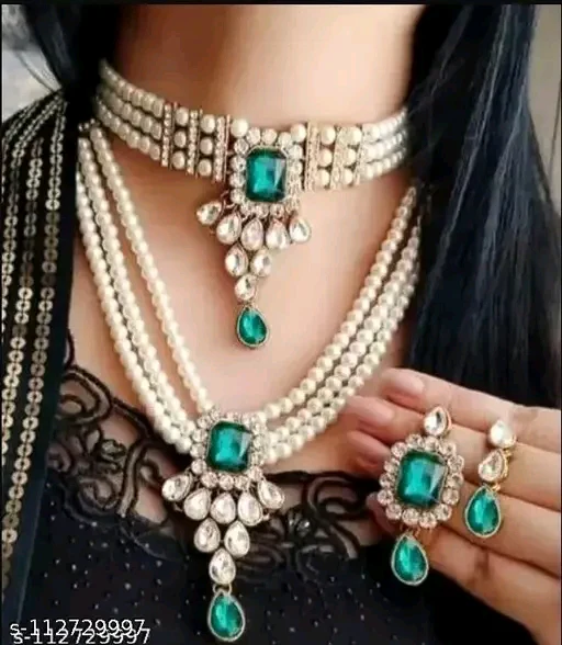 Zestylo Squire Green Combo Set - Gold-Plated Necklace & Earrings with Adjustable Fit"