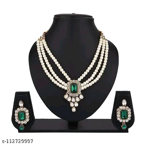 Zestylo Squire Green Combo Set - Gold-Plated Necklace & Earrings with Adjustable Fit" - Image 2
