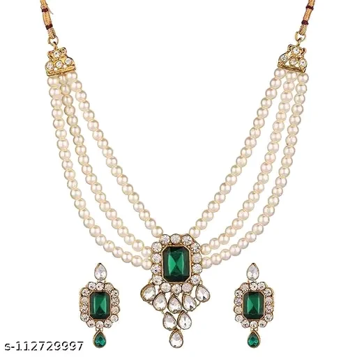 Zestylo Squire Green Combo Set - Gold-Plated Necklace & Earrings with Adjustable Fit" - Image 4