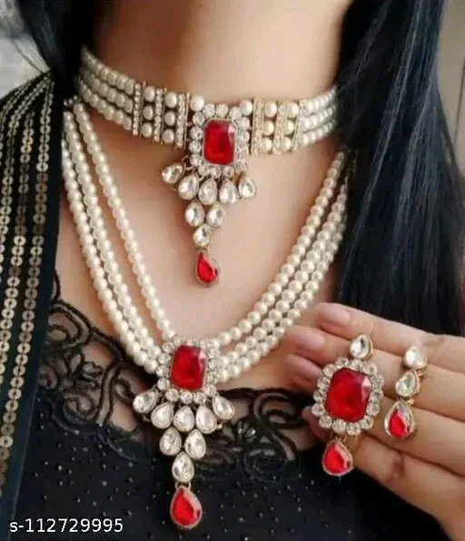Squire Red Gold-Plated Combo Set – Adjustable Necklace &Earrings by ZESTYLOt