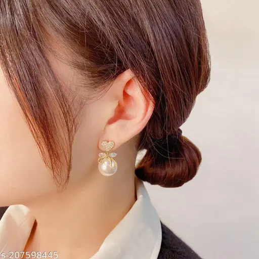 Gold-Plated Drop Earrings with Cubic Zirconia Stones - Image 2