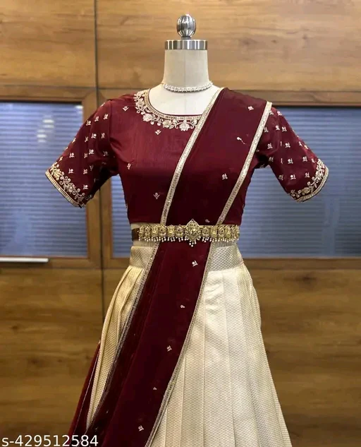 Soft Silk South Indian Half Saree with Embroidery Blouse & Rangoli Dupatta# - Image 2