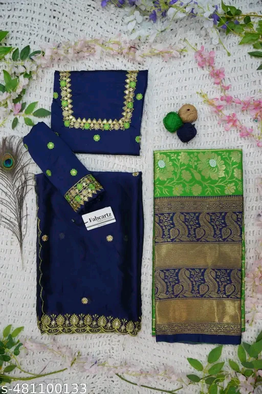 Trending South Indian Half Saree Set with Blouse & Rangoli Embroidery Dupatta# - Image 2