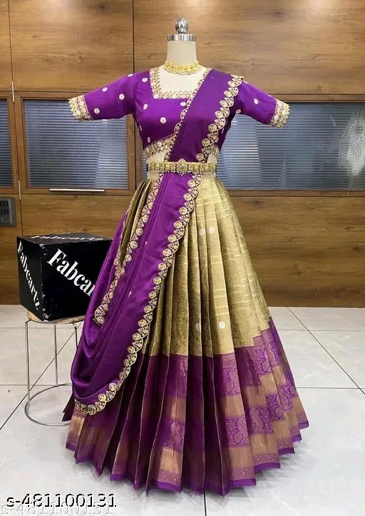 Trending South Indian Unstitched Half Saree Set with Blouse & Rangoli Embroidery Dupatta#