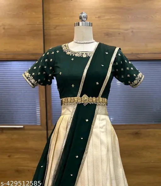 Trending Soft Silk South Indian Half Saree with Embroidery Blouse & Rangoli Dupatta# - Image 2