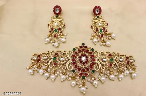 Twinkling Fusion Gold-Plated Jewellery Set with Pearls - Adjustable Choker &amp; Earrings - Image 2