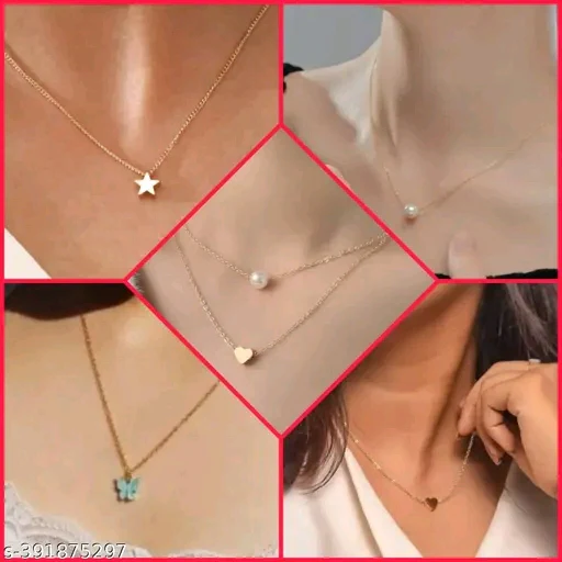 Twinkling Glittering Women Necklaces & Chains - Gold Plated, Adjustable, Set of 5