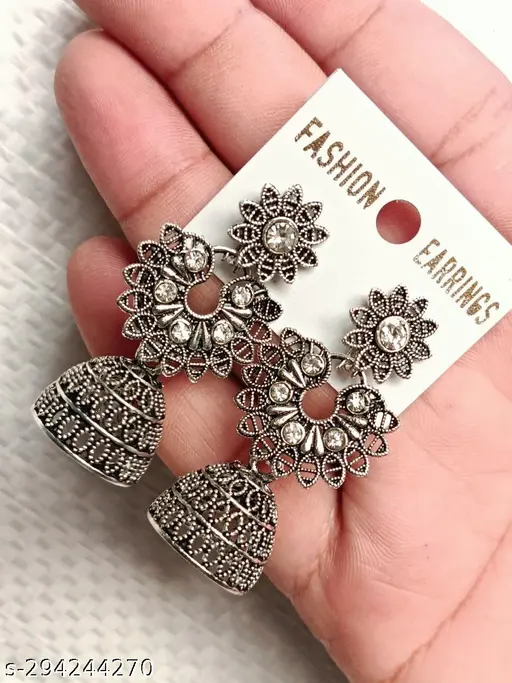 Unique Oxidised Silver Jhumkhas Earrings &amp; Studs (Pack of 4) - Image 2