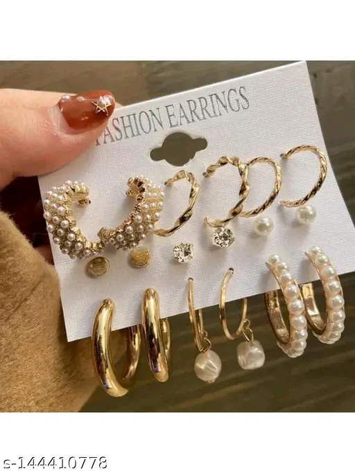 Vembley Combo of 9 Pair Stylish Gold Plated Pearl Hoop Earrings for Women and Girls - Image 3