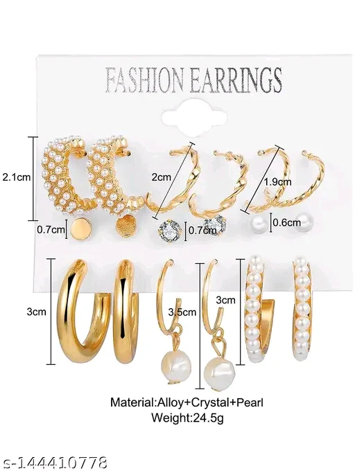 Vembley Combo of 9 Pair Stylish Gold Plated Pearl Hoop Earrings for Women and Girls - Image 4