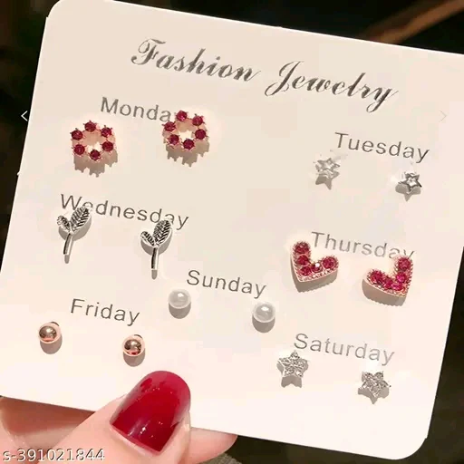 Vembley Pack of 7 Weekly Stud Earrings | Designer Gold-Plated Earrings for Women & Girls | Stylish Korean Earring Collection with Artificial Stones