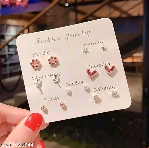 Vembley Pack of 7 Weekly Stud Earrings | Designer Gold-Plated Earrings for Women & Girls | Stylish Korean Earring Collection with Artificial Stones - Image 3