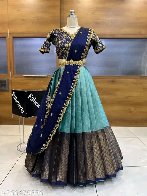 Beautiful Woven Lichi Silk Half Saree with Embroidered Blouse & Rangoli Dupatta #